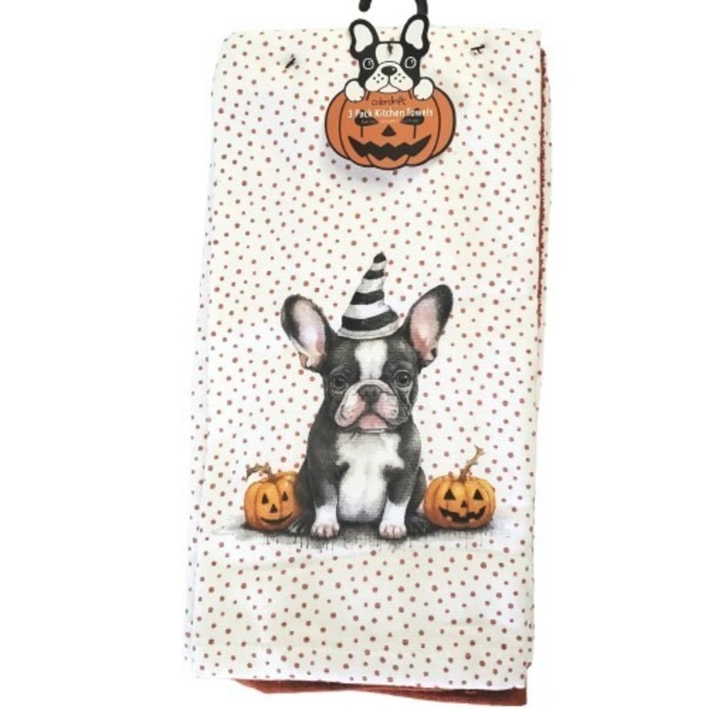Frenchie French Bulldog Halloween Dog Pumpkin 3 Pack Kitchen Towel Set NEW!
